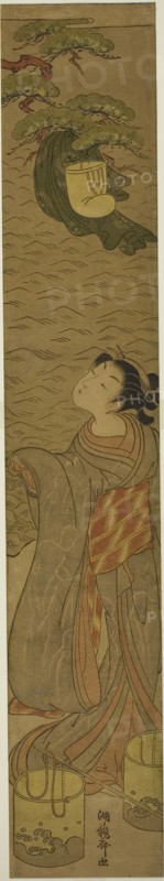 Parody of Matsukaze dancing beneath Yukihira’s robe, c. 1771, Isoda Koryusai, Japanese, 1735-1790, Japan, Color woodblock print, hashira-e, 26 3/8 x 4 5/8 in.