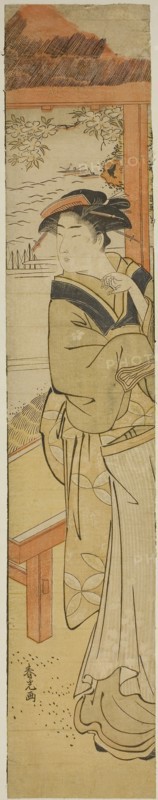 Waitress at a Seaside Teahouse, late 18th century, Katsukawa Shunko, Japanese, active c. 1770s-1800, Japan, Color woodblock print, hashira-e