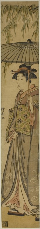 Geisha Carrying a Parasol under a Willow Tree, c. 1784, Torii Kiyonaga, Japanese, 1752-1815, Japan, Color woodblock print, hashira-e, 70.3 x 11.6 cm