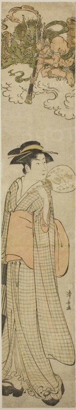 Thunder gods peeping at a beauty through a telescope, c. 1782, Torii Kiyonaga, Japanese, 1752-1815, Japan, Color woodblock print, hashira-e, 67.5 x 12.2 cm