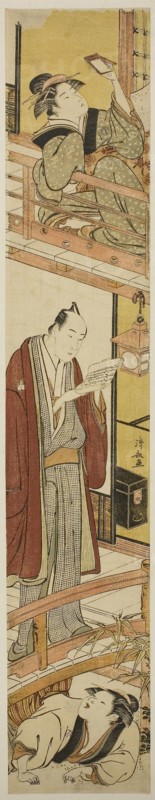 Parody of act VII of the play Treasury of Loyal Retainers (Chushingura), c. 1782, Torii Kiyonaga, Japanese, 1752-1815, Japan, Color woodblock print, hashira-e, 69.6 x 12.7 cm