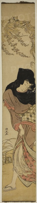 Woman under Windblown Wisteria, c. 1780, Torii Kiyonaga, Japanese, 1752-1815, Japan, Color woodblock print, hashira-e, 70.4 x 11.9 cm