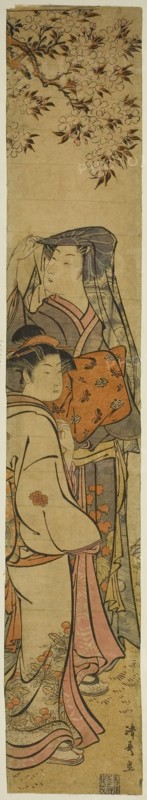 Two Women Viewing Cherry Blossoms, c. 1780, Torii Kiyonaga, Japanese, 1752-1815, Japan, Color woodblock print, hashira-e, 68.0 x 11.5 cm