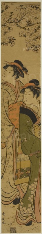 Two Geisha Walking under a Cherry Tree, c. 1781, Torii Kiyonaga, Japanese, 1752-1815, Japan, Color woodblock print, hashira-e, 65.7 x 11.1 cm