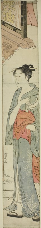 Woman Walking under a Store Sign, c. 1784, Torii Kiyonaga, Japanese, 1752-1815, Japan, Color woodblock print, hashira-e, 71.2 x 11.7 cm
