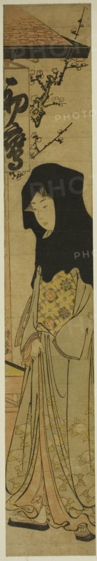 Woman Wearing Black Hood in Front of the Hatsutaka Teahouse, c. 1783, Torii Kiyonaga, Japanese, 1752-1815, Japan, Color woodblock print, hashira-e, 68.5 x 11.0 cm