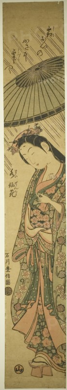 Praying for Rain Komachi (Amagoi Komachi), Edo period (1615–1868), about 1755, Ishikawa Toyonobu, Japanese, 1711-1785, Japan, Color woodblock print (benizuri-e), hashira-e, 27.2 X 10.6 cm