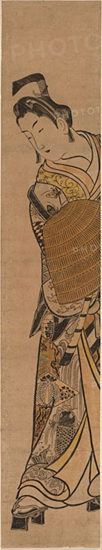 The Actor Onoe Kikugoro I as Soga no Goro, c. 1744, Okumura Masanobu, Japanese, 1686–1764, Japan, Hand-colored woodblock print, hashira-e, urushi-e, 69.6 x 12.6 cm