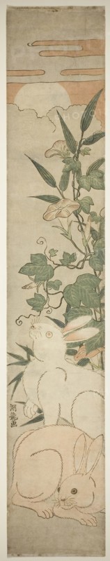 Morning-Glories, Rabbits, and Moon, c. 1780, Isoda Koryusai, Japanese, 1735-1790, Japan, Color woodblock print, hashira-e, 70.4 x 12.8 cm (27 3/4 x 5 in.)