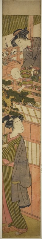Women Holding Boy who is Reaching Out to Young Man Below, c. 1776, Attributed to Kitao Shigemasa, Japanese, 1739-1820, Japan, Color woodblock print, hashira-e, 28 3/4 x 4 1/2 in.