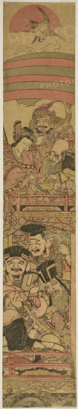 Seven Gods of Good Fortune in a Treasure Ship, c. 1789, Katsukawa Shunsho ?? ??, Japanese, 1726-1792, Japan, Color woodblock print, hashira-e, 65.5 x 11.3 cm (25 3/4 x 4 /16 in.)