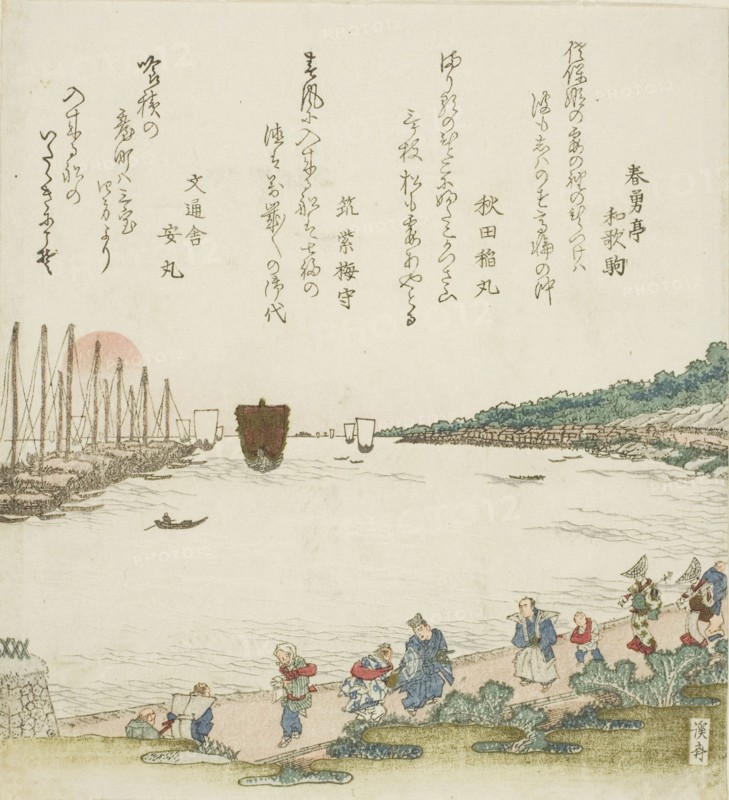 Returning sails at Takanawa, c. 1820s, Keisai Eisen, Japanese, 1790-1848, Japan, Color woodblock print, shikishiban, surimono, 20.0 x 18.2 cm