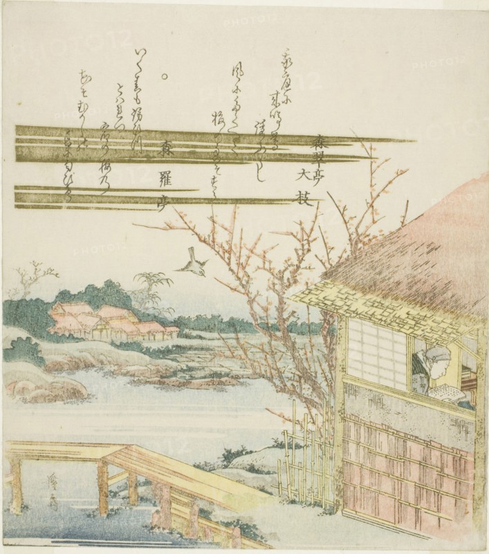Scholar Reading in a Hut, c. 1820s, Keisai Eisen, Japanese, 1790-1848, Japan, Color woodblock print with metallic pigments, shikishiban, surimono, 20.6 x 18.2 cm