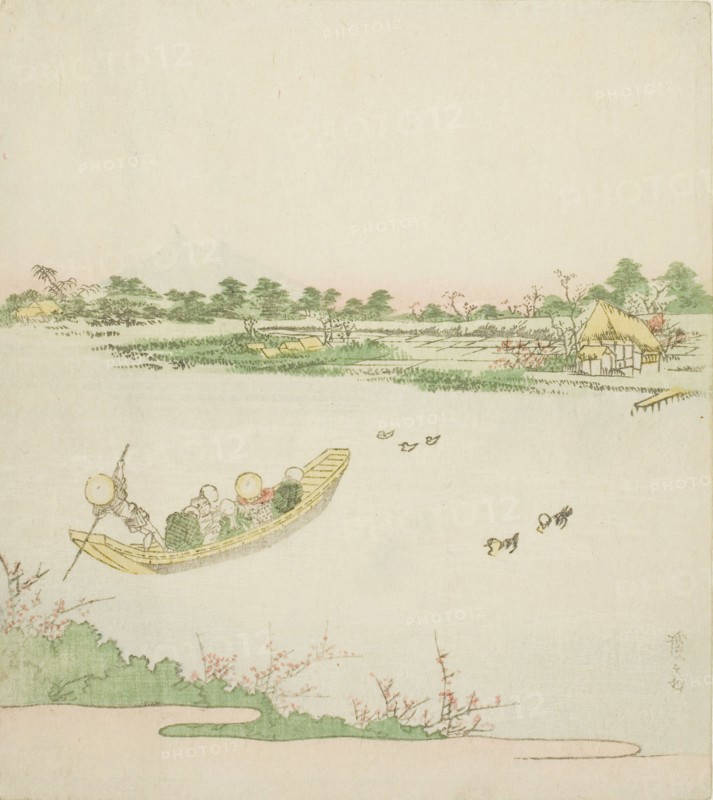 A Ferryboat Crossing the Sumida River, c. 1820s, Keisai Eisen, Japanese, 1790-1848, Japan, Color woodblock print, shikishiban, surimono, 19.6 x 17.5 cm