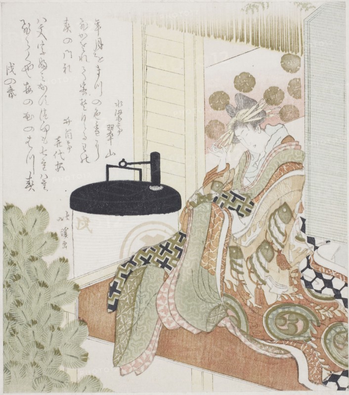Courtesan sitting on a veranda next to a lantern, 1814, Totoya Hokkei, Japanese, 1780-1850, Japan, Color woodblock print, shikishiban, surimono, 21.1 x 18.6 cm