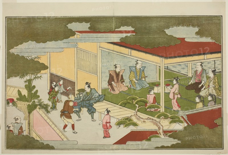 New Year in a Samurai Mansion, from the illustrated kyoka anthology The Young God Ebisu (Waka Ebisu), New Year, 1789, Kitagawa Utamaro ??? ??, Japanese, 1753 (?)-1806, Japan, Color woodblock print, double-page illustration from album