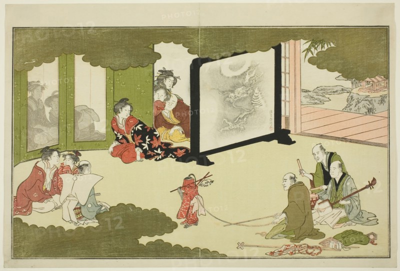 Performance of a Trained Monkey, from an illustrated poetry anthology entitled The Young God Ebisu (Waka Ebisu), 1789, Kitagawa Utamaro ??? ??, Japanese, 1753 (?)-1806, Japan, Color woodblock print, page from an album, 25.6 x 38.0 cm