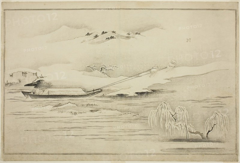Towing a Barge in the Snow, from the album The Silver World, 1790, Kitagawa Utamaro ??? ??, Japanese, 1753 (?)-1806, Japan, Woodblock print, oban, 38.6 x 26.1 cm