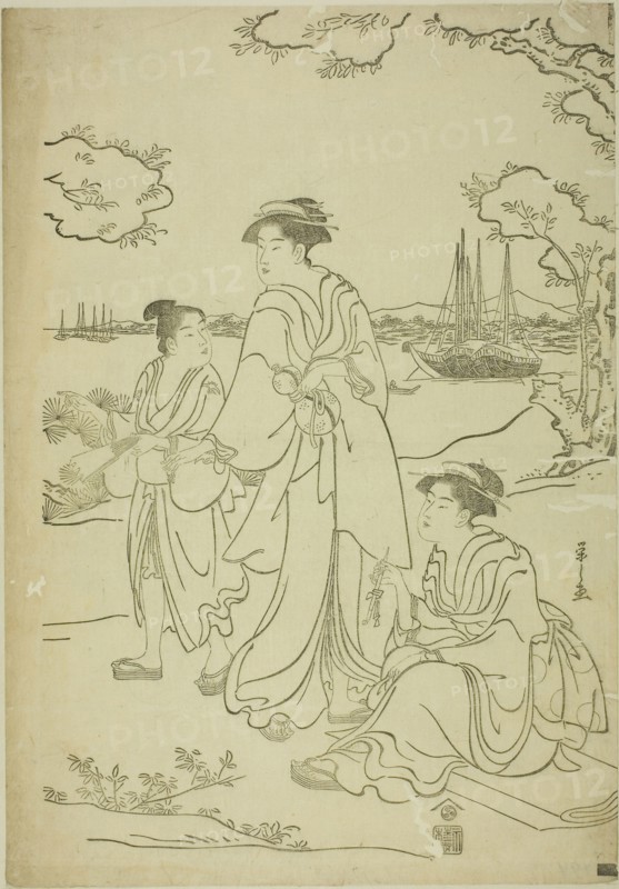 Viewing Cherry Blossoms at Goten Hill, c. 1787, Chobunsai Eishi, Japanese, 1756-1829, Japan, Woodblock print, right sheet of oban triptych, keyblock proof impression (color sheet: 1925.3091, left sheet: 1939.2195), 38.4 x 26.7 cm (15 1/8 x 10 1/2 in.)