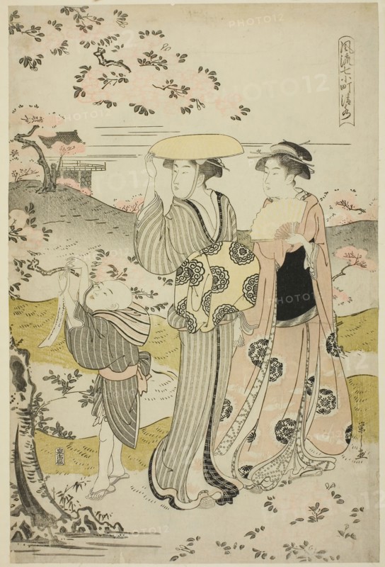Ono no Komachi Visiting Kiyomizu Temple, from the series The Fashionable Seven Komachi (Furyu nana Komachi), Edo period (1615–1868), about 1788, Chobunsai Eishi, Japanese, 1756-1829, Japan, Color woodblock print, oban, 38.7 x 25.4 cm (15 1/4 x 10 in.)