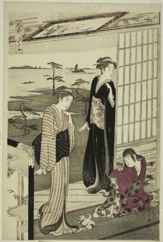 Suma, from the series A Fashionable Parody of the Tale of Genji (Furyu yatsushi Genji), c. 1789/94, Chobunsai Eishi, Japanese, 1756-1829, Japan, Color woodblock print, left sheet of oban triptych (right sheet: 1925.3104), 15 1/2 x 10 1/4 in.