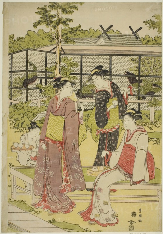 Women Visiting the Bird and Flower Teahouse (Kachojaya), c. 1792/93, Utagawa Toyokuni I ?? ?? ??, Japanese, 1769–1825, Japan, Color woodblock print, center sheet of oban triptych, 15 x 10 in.