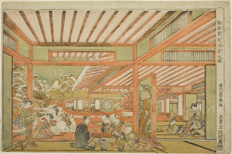 Snow-Viewing Entertainment, c. 1771, Utagawa Toyoharu, Japanese, 1735-1814, Japan, Color woodblock print, large oban, Paper: 38.9 x 25.5 cm, block: 37.5 x 24.6 cm