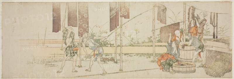 Hanging up dyed cloth, c. 1805, Katsushika Hokusai ?? ??, Japanese, 1760-1849, Japan, Color woodblock print, nagaban, surimono, 7 3/8 x 21 7/8 in.