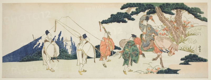 The Eastern Journey of the Celebrated Poet Ariwara no Narihira, c. 1806, Katsushika Hokusai ?? ??, Japanese, 1760-1849, Japan, Color woodblock print, nagaban surimono, 19.6 x 53.1 cm