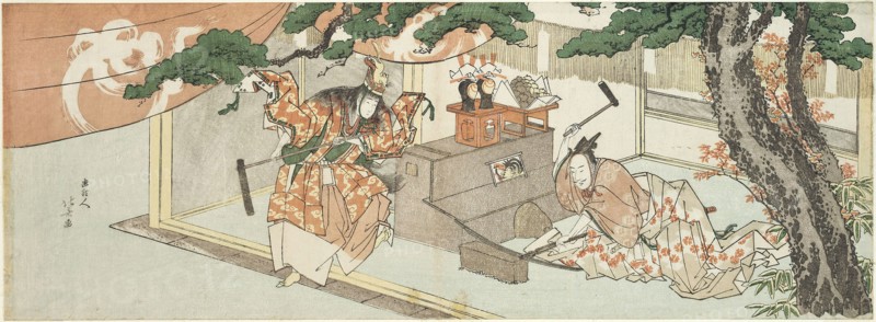 The Swordsmith Munechika and the God of Inari, 1805, Katsushika Hokusai ?? ??, Japanese, 1760-1849, Japan, Color woodblock print, nagaban yoko-e surimono, 18.2 x 50.4 cm