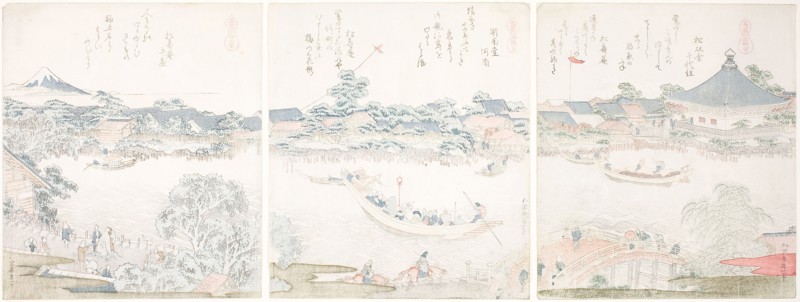 Komagata Hall and O-umaya River Bank, from the series A Selection of Horses (Uma zukushi), 1822, Katsushika Hokusai ?? ??, Japanese, 1760–1849, Japan, Color woodblock prints with metallic pigments, surimono shikishiban triptych, 20.7 x 18.2 cm (8 1/8 x 7 1/8 in.)