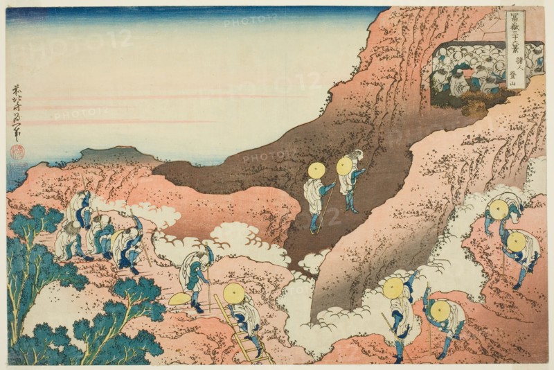 Groups of Mountain Climbers (Shojin tozan), from the series Thirty-six Views of Mount Fuji (Fugaku sanjurokkei), c. 1830/33, Katsushika Hokusai ?? ??, Japanese, 1760-1849, Publisher: Hibino Yohachi, Japanese, unknown, Japan, Color woodblock print, oban, 24.6 x 37 cm (9 5/8 x 14 9/16 in.)