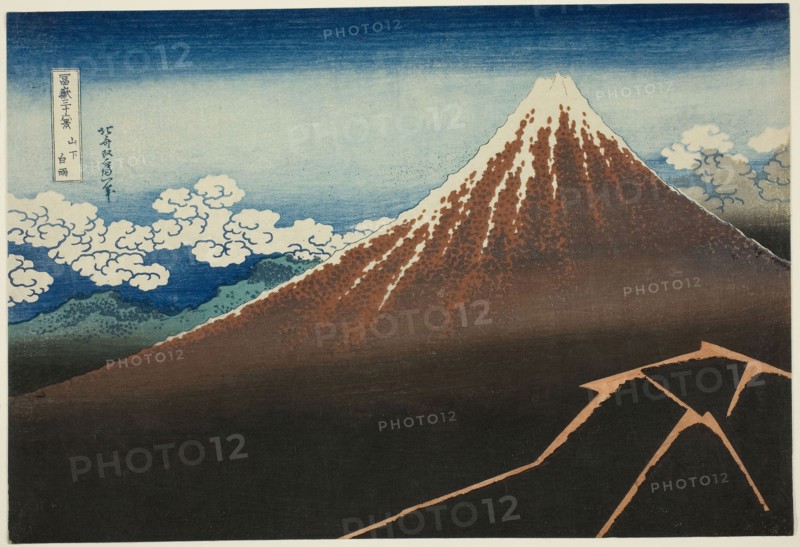 Shower Below the Summit (Sanka hakuu), from the series Thirty-Six Views of Mount Fuji (Fugaku sanjurokkei), c. 1830/33, Katsushika Hokusai ?? ??, Japanese, 1760-1849, Japan, Color woodblock print, oban, 25.7 x 37.6 cm (10 1/8 x 14 9/16 in.)