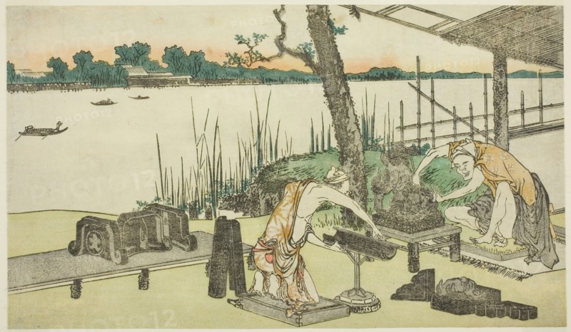 Potters at Work, Imado, c. 1808, Katsushika Hokusai ?? ??, Japanese, 1760-1849, Japan, Color woodblock print, 20.2 x 34.7 cm