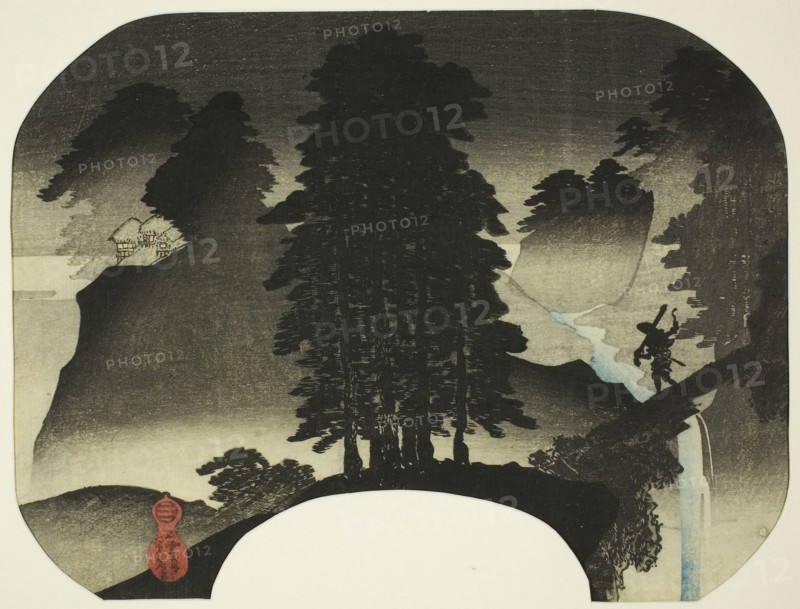 Landscape (Sansui), About 1840, Utagawa Sadahide, Japanese, 1807-1873, Japan, Color woodblock print, uchiwa-e, 21.9 x 28.8 cm