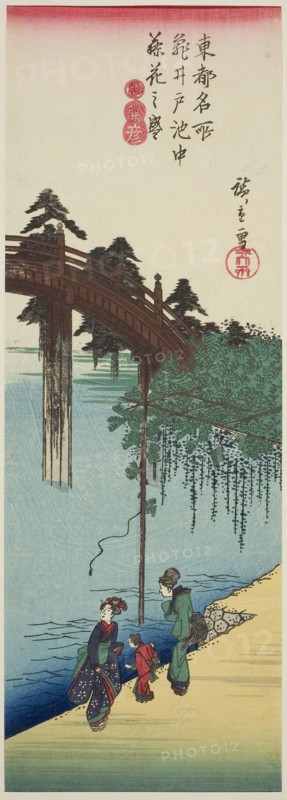 Wisteria in Full Bloom over the Pond at Kameido Shrine (Kameido ike chu fujibana no sakari), from the series Famous Places in the Eastern Capital (Toto meisho), c. 1835/38, Utagawa Hiroshige ?? ??, Japanese, 1797-1858, Japan, Color woodblock print, chu-tanzaku, 38 x 12.5 cm (14 15/16 x 4 15/16 in.)