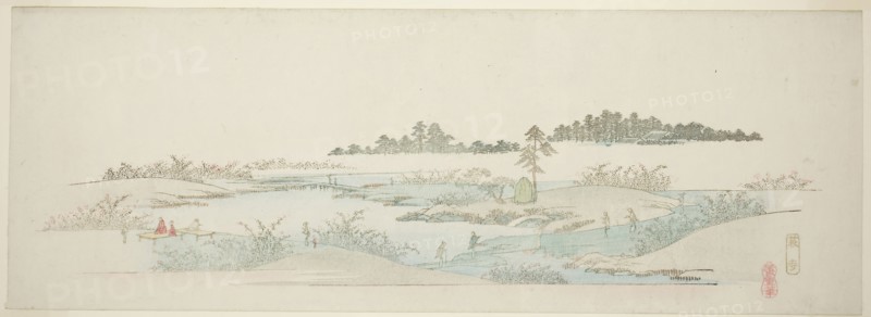 Hagi Temple (Hagidera), from the series Thirteen Views of the Environs of Edo, c. 1837/44, Utagawa Hiroshige ?? ??, Japanese, 1797-1858, Japan, Color woodblock print, ebangire, surimono, 7 1/4 x 20 3/8 in.