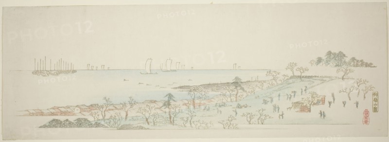 View of Goten Hill (Gotenyama no zu), from the series Thirteen Views of the Environs of Edo, c. 1837/44, Utagawa Hiroshige ?? ??, Japanese, 1797-1858, Japan, Color woodblock print, ebangire, surimono, 7 x 20 in.