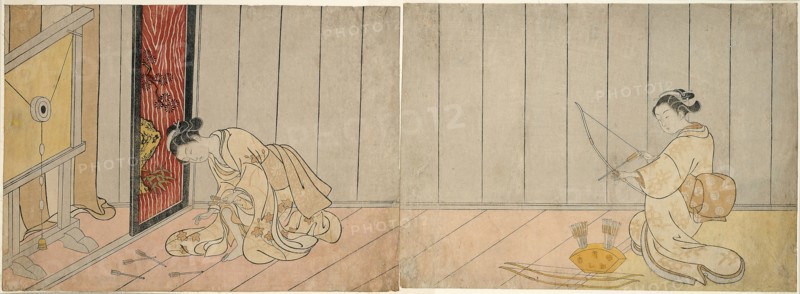 The Archery Gallery, 1765, Suzuki Harunobu ?? ??, Japanese, 1725 (?)-1770, Japan, Color woodblock print, chuban yoko-e diptych, Overall 20.3 x 55.9 cm, 20.3 x 27.9 cm (right), 20.1 x 27.0 cm (left)