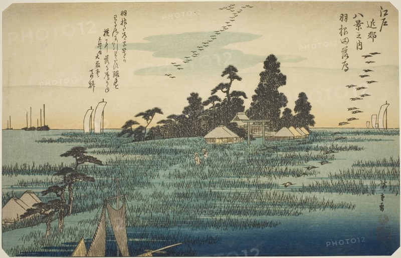 Descending Geese at Haneda (Haneda no rakugan), from the series Eight Views in the Environs of Edo (Edo kinko hakkei no uchi), c. 1837/38, Utagawa Hiroshige ?? ??, Japanese, 1797-1858, Japan, Color woodblock print, oban, 9 x 14 3/4 in.
