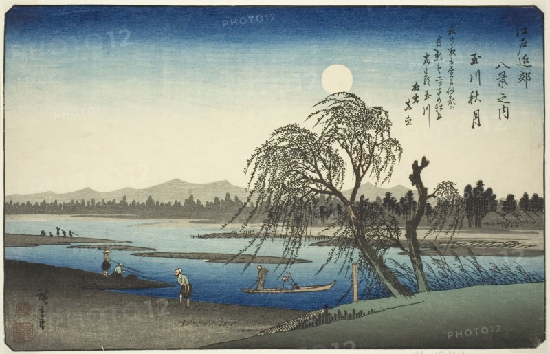 Autumn Moon over Tama River (Tamagawa no shugetsu), from the series Eight Views in the Environs of Edo (Edo kinko hakkei no uchi), c. 1837/38, Utagawa Hiroshige ?? ??, Japanese, 1797-1858, Japan, Color woodblock print, oban, 13 3/4 x 8 3/4 in.