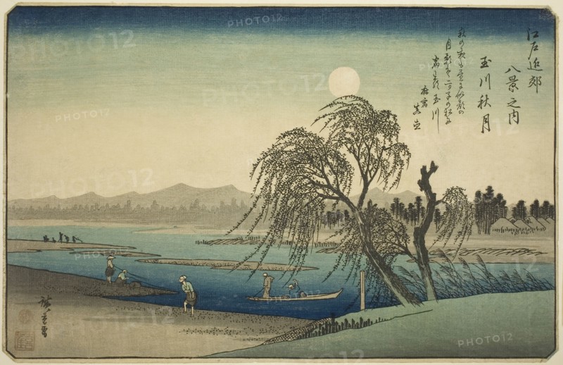 Autumn Moon over Tama River (Tamagawa no shugetsu), from the series Eight Views in the Environs of Edo (Edo kinko hakkei no uchi), c. 1837/38, Utagawa Hiroshige ?? ??, Japanese, 1797-1858, Japan, Color woodblock print, oban, 23.0 x 35.6 cm