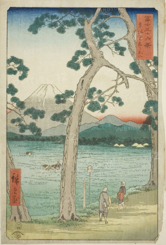 Mout Fuji Seen from the Left on the Tokaido (Tokaido hidari Fuji), from the series Thirty-six Views of Mount Fuji (Fuji sanjurokkei), 1858, Utagawa Hiroshige ?? ??, Japanese, 1797-1858, Japan, Color woodblock print, oban, 35.3 x 24.1 cm (13 7/8 x 9 1/2 in.)