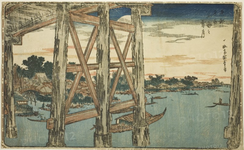 Twilight Moon at the Ryogoku Bridge (Ryogoku no yoizuki), from the series Famous Views of the Eastern Capital (Toto Meisho), c. 1831, Utagawa Hiroshige ?? ??, Japanese, 1797-1858, Japan, Color woodblock print, oban, 21.8 x 35.5 cm (8 3/4 x 14 in.)