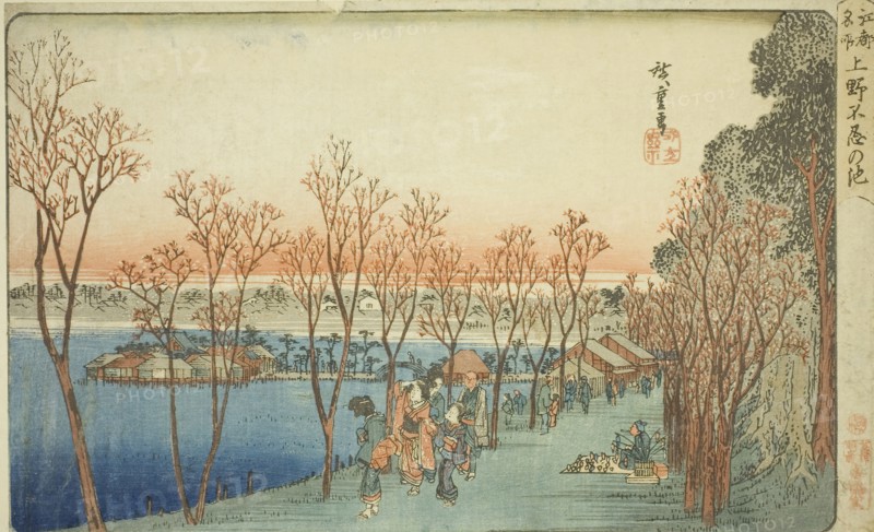 Shinobazu Pond at Ueno (Ueno Shinobazu no ike), from the series Famous Places in Edo (Koto meisho), c. 1832/34, Utagawa Hiroshige ?? ??, Japanese, 1797-1858, Japan, Color woodblock print, oban, 22.2 x 36.3 cm (8 7/8 x 14 1/4 in.)