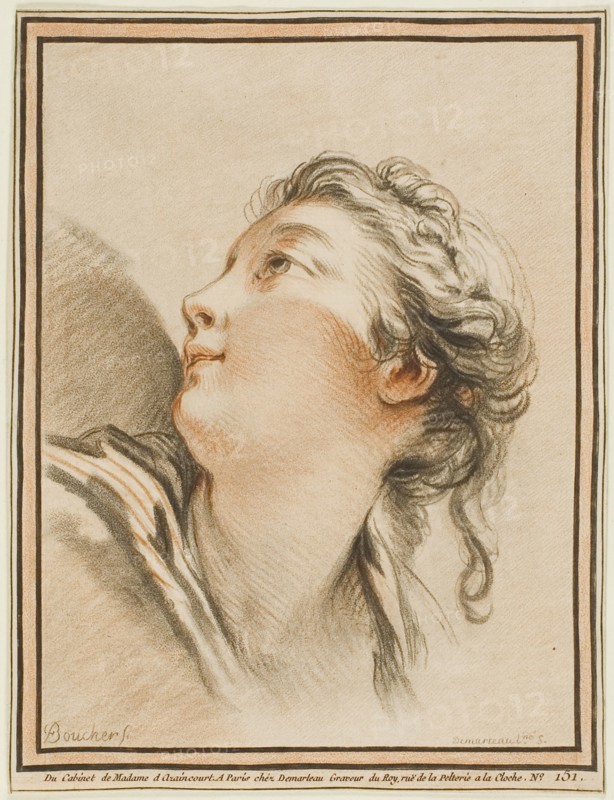 Head of a Woman, c. 1767, Gilles Demarteau (French, 1722-1776), after François Boucher (French, 1703-1770), France, Crayon-manner engraving in red and black on ivory laid paper, 217 × 165 mm (sheet, cut within plate)