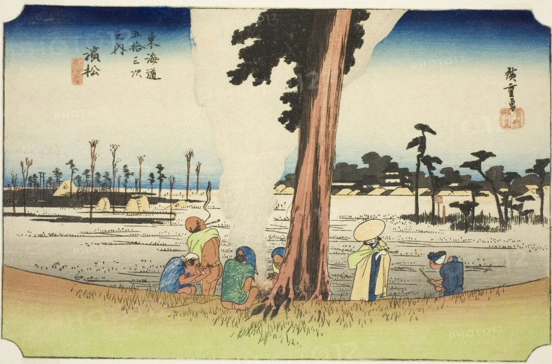 Hamamatsu: Winter Scene (Hamamatsu, fuyugare no zu), from the series Fifty-three Stations of the Tokaido (Tokaido gojusan tsugi no uchi), also known as the Hoeido Tokaido, c. 1833/34, Utagawa Hiroshige ?? ??, Japanese, 1797-1858, Japan, Color woodblock print, oban, 22.9 x 35.4 cm (9 x 13 15/16 in.)