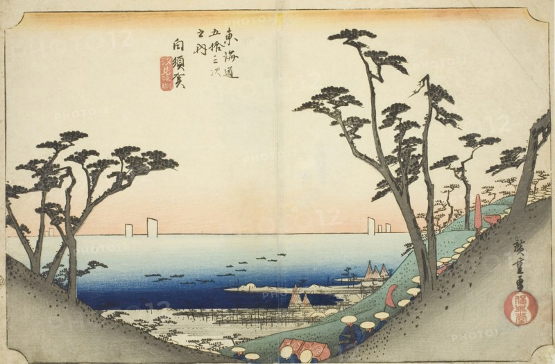 Shirasuka: View of Shiomi Slope (Shirasuka, Shiomizaka zu), from the series Fifty-three Stations of the Tokaido (Tokaido gojusan tsugi no uchi), also known as the Hoeido Tokaido, c. 1833/34, Utagawa Hiroshige ?? ??, Japanese, 1797-1858, Japan, Color woodblock print, oban, 24.2 x 36.2 cm (9 1/2 x 14 1/4 in.)