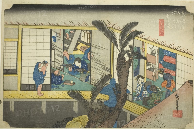 Akasaka: Waitresses at an Inn (Akasaka, ryosha shofu no zu), from the series Fifty-three Stations of the Tokaido (Tokaido gojusan tsugi no uchi), also known as the Hoeido Tokaido, c. 1833/34, Utagawa Hiroshige ?? ??, Japanese, 1797-1858, Japan, Color woodblock print, oban, 24 x 36.2 cm (9 7/16 x 14 1/4 in.)
