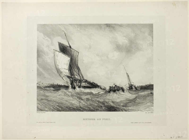 Return to Port, plate two from Six Marines, 1833, Eugène Isabey (French, 1803-1886), printed by Charles Étienne Pierre Motte (French, 1785-1836), France, Lithograph in black on ivory China paper laid down on ivory wove paper, 213 × 283 mm (image), 269 × 339 mm (chine), 333 × 450 mm (sheet)